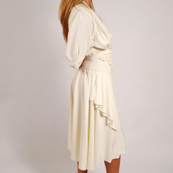 80s Goddess Dress (M) vintage ivory pleat layered medium - Picture 3 of 7